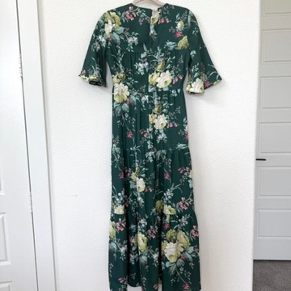 TUCKERNUCK Green Floral Tiered Midi Dress XS Ruffle Sleeve Cottagecore - Picture 5 of 9